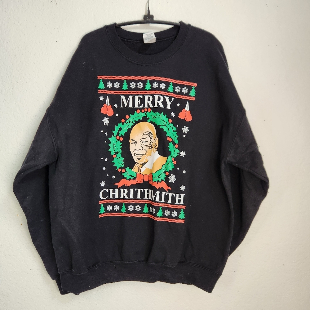 Gildan Mike Tyson Merry Chrithmith Crewneck Black Sweatshirt, Size XL‎